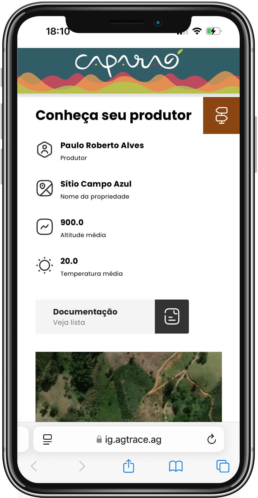 Lote rastreado visto no celular: produtor, propriedade, altitude e mapa